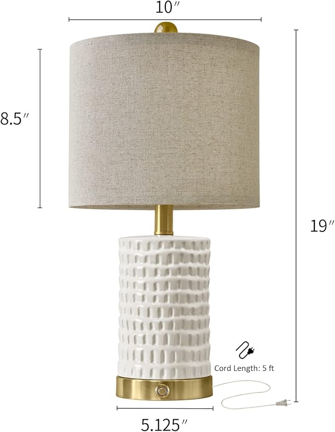 PORTRES 19" Farmhouse 3-Way Dimmable Touch Ceramic Table Lamp Set of 2 White Bedside Lamps for Bedroom Lamps for Living Room Nightstand Lamp End Table lamps with USB A+C Charging Ports(Bulbs Included)