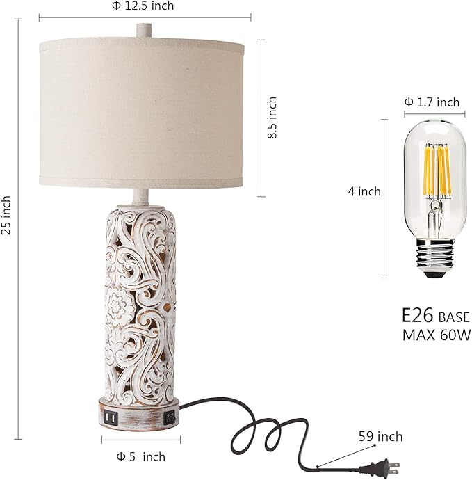 RORIANO Set of 2 Rustic Farmhouse Table Lamps for Living Room Bedroom, Vintage Bedside Lamp with Dual USB Port, Antique White Resin Retro Nightstand Lamps with Night Light