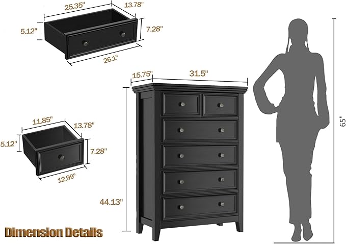 BLANKSPACE Black Dresser, 6 Chest Drawer Dresser for Bedroom, Large Capacity Nightstand, Modern Wood Cabinet for Bedroom, Living Room, Closets