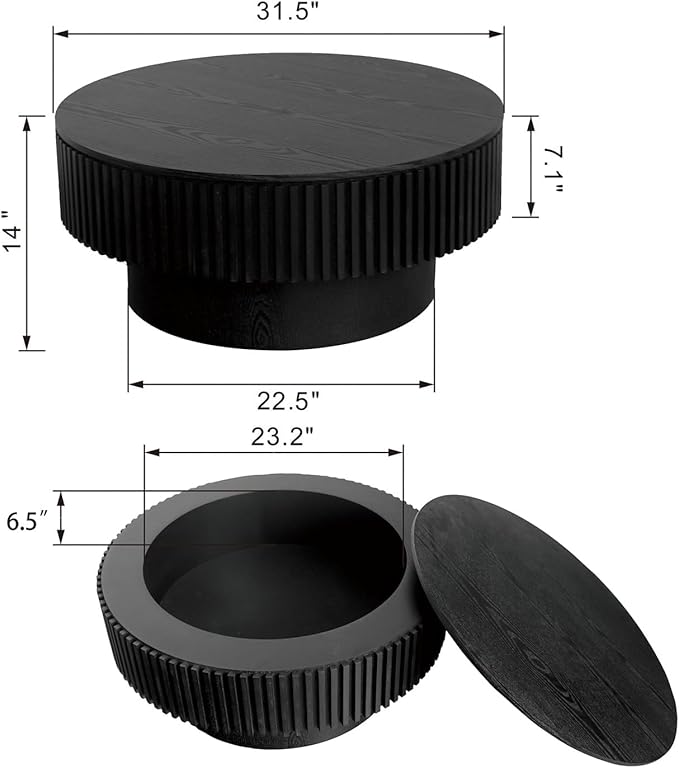 Round Coffee Table for Living Room, Accent Fluted Drum Coffee Table with Storage, Modern Solid Wood Veneered Circle Center Tea Table for Small Space Apartment (31.5''D×14''H-Black)