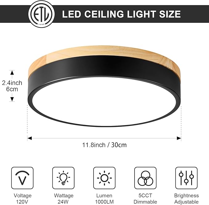 Dimmable Wood LED Ceiling Light Fixture, Black Round Low Profile Flush Mount Ceiling Lighting, Modern 5CCT 2700K-6000K Ceiling Lamp for Laundry Room Hallway Kitchen Bedroom, 11.8in