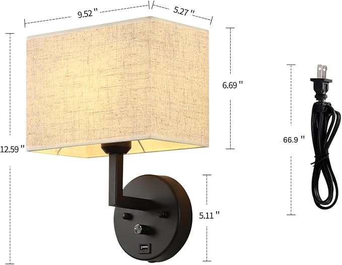 Plug in Wall Sconce with Dimmer Switch and USB Port，9.5“Rectangular Linen Fabric Shade，Bedside Wall Lamp Matte Black Finish，Wall Lamp Perfect for Bedroom, Living Room and Hotel. E26 Base