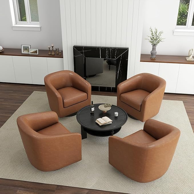 UIXE PU Leather Swivel Accent Chairs Set of 4, Barrel Club Chair Upholstered Armchair for Living Room - Brown