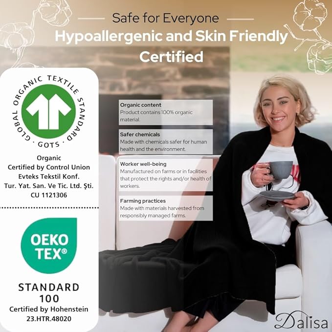 Dalisa 100% Organic Turkish Cotton Throw Blanket - GOTS Certified, Cozy - Perfect for Couch, Bed, and Home Decor - Boho Vintage Knit Alina (Black, 60x80)