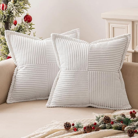MIULEE Decorative Throw Pillow Covers for Couch Bed Livingroom 20x20 Inch Set of 2 White Boho Accent Throw Pllows Broadside Striped Patchwork Soft Corduroy Pillowcases