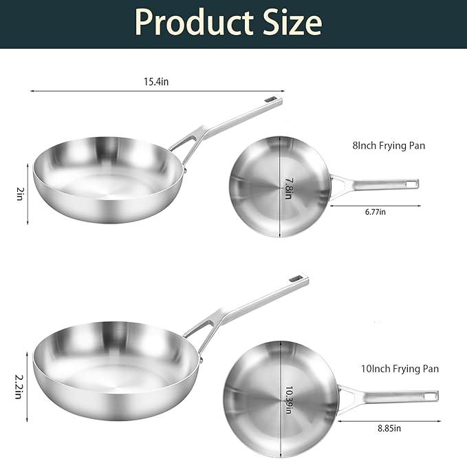 Tri-Ply Stainless Steel Frying Pan Set, 8 Inch and 10Inch, Skillet set, Durable, Cooking Pan 8" 10", Induction Ready Egg Pan, Compatible with All Cooktops Up to 600℉