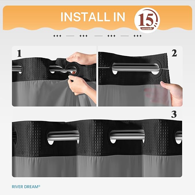 River Dream Stall Heavyweight No Hooks Required Dotted Waffle Weave Shower Curtain with Snap in Liner - 36W x 74H,Hotel Grade,Spa Like Bath Curtain,Graphite Black