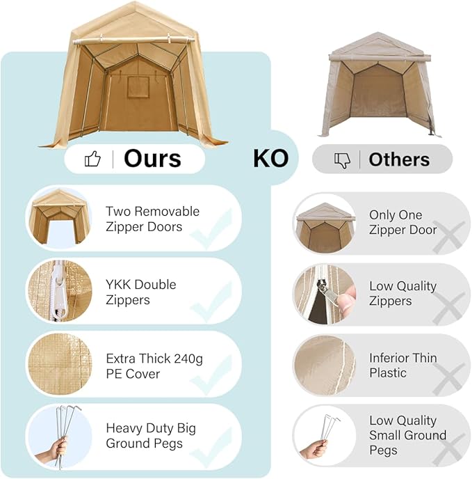 ADVANCE OUTDOOR 8x14 ft Steel Metal Peak Roof Portable Garage Shelter Storage Shed Carport for Motorcycle, Bike or Garden Tools with 2 Roll up Doors & Vents, Beige