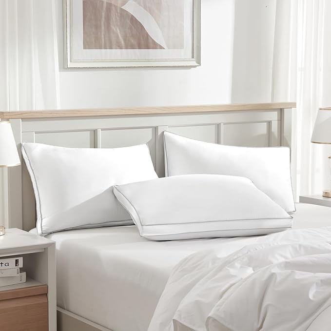 Globon Luxury Feather Down Pillow Standard Queen Size,Firm Gusseted Bed Pillows for Sleeping, Hotel Collection Fluffy Pillow,18"X26", Set of 2