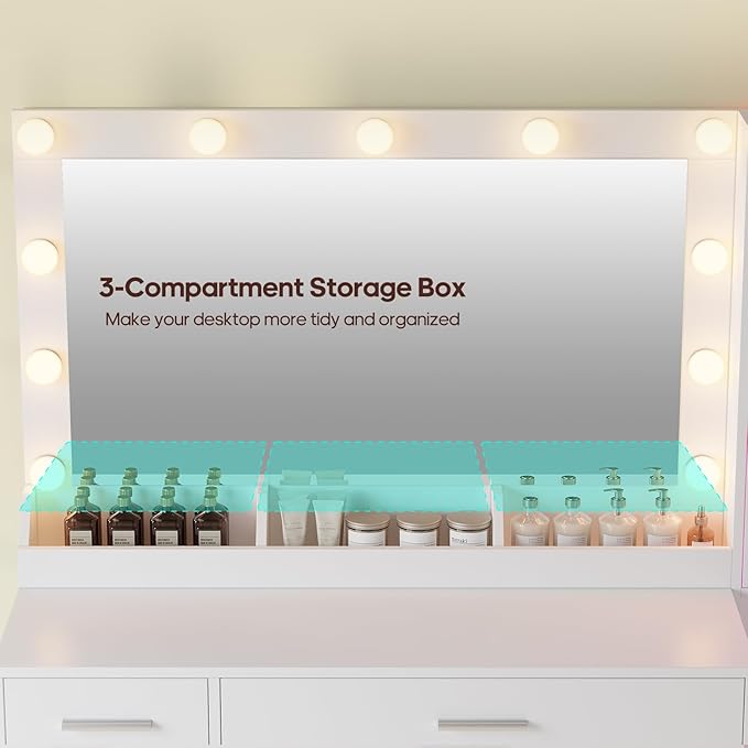 Makeup Vanity Desk with Large 31.5" Mirror and Lights, 46.1" Vanity with RGB Lights & Charging Station, Vanity Table with 6 Drawers & Cabinet & Shelves, White