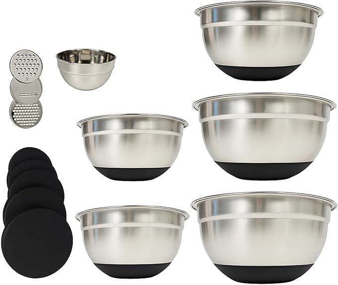 Mixing Bowls With Lids Set, Large Thicker Stainless Steel Stackable Mixing Bowl Set, 0.4/1.5/2/2.5/3.5/4 Qrt, Black