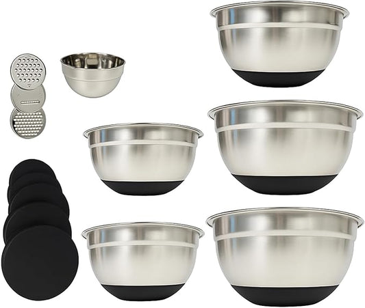 Mixing Bowls With Lids Set, Large Thicker Stainless Steel Stackable Mixing Bowl Set, 0.4/1.5/2/2.5/3.5/4 Qrt, Black