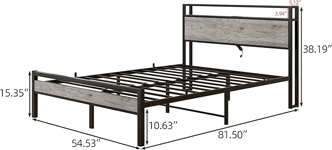 Full Size Bed Frame with Storage Headboard/USB Charging Station,Metal Platform Bed Frame Full Size No Box Spring Needed,Noise-Free,Strong Steel Slats Support,Warm Grey