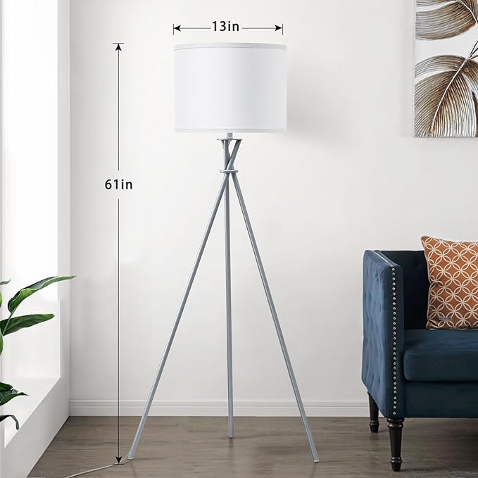 Tripod Floor Lamp Silver, 61”Tall Floor Lamps, Standing Lamp with Rotary Switch, Modern Floor Lamp Simple Design with White Shade, Floor Lamps for Living Room, Bedroom, Office, Without Bulb