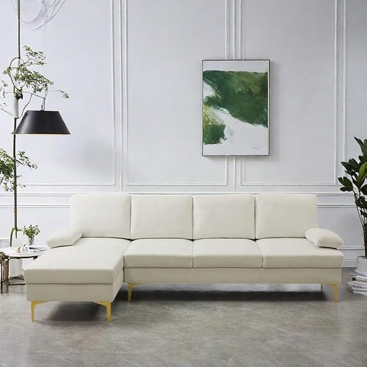 L Shape Sofa with Chaise, 4 Seat Living Room Sofa Set with Golden Wooden Leg, Sectional Couch with Fluffy Fabric, for Living Room, Apartment, Off-White