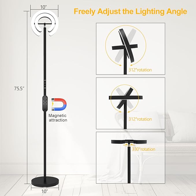 Floor Lamp for Living Room, 75.5 Inch Tall Standing Lamp for Bedroom with 2 312° Rotatable Ring Lights, 36W Bright Stepless Dimmable LED Floor Light with Remote Control for Office Dining Room