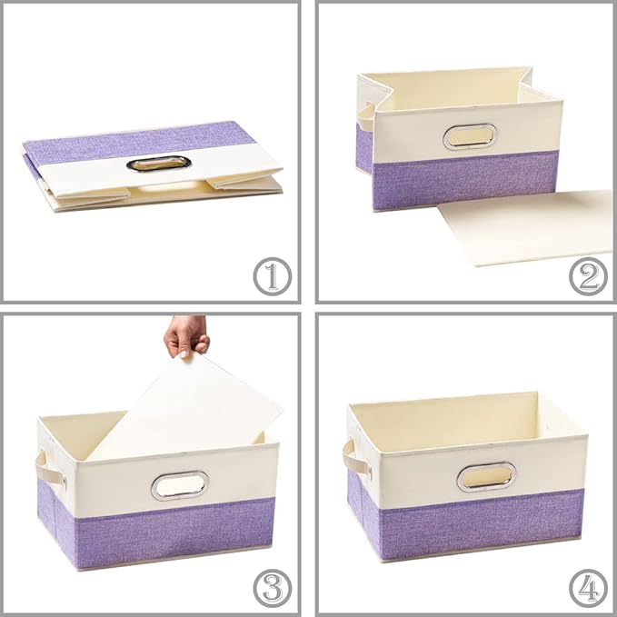 PRANDOM Large Fodable Storage Bins for Closet [3-Pack] Decorative Fabric Storage Baskets Cubes with Leather/Metal Handles for Shelves Bedroom Living Room Purple&Cream (14.9x9.8x8.3 Inch)