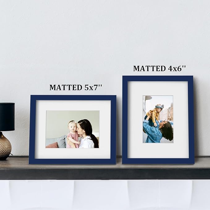 Egofine 8x10 Picture Frame Made of Solid Wood Covered by Plexiglass, Display Pictures 4x6/5x7 with Mat or 8x10 Without Mat for Table Top Display and Wall Mounting Photo Frame, Navy Blue