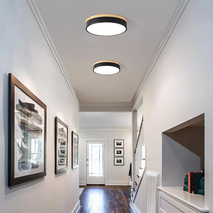 Dimmable Wood LED Ceiling Light, 5CCT 2700K-6000K Modern Black Flush Mount Ceiling Light, Minimalist Round Close to Ceiling Light Fixture for Bedroom, Kitchen, Laundry Room, Hallway, 11.81in