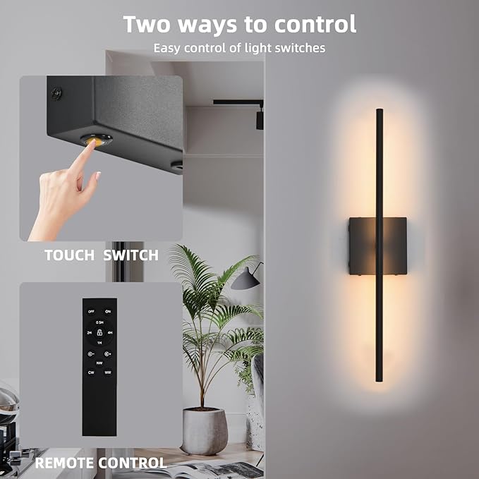 Battery Operated Wall Sconces Set of 2, Black Rechargeable Wall Sconce with Remote Control, 3000K-6000K Dimmable LED Wireless Wall Light for Living Room, Hallway, Bedroom, Stairs, 23.6 Inch
