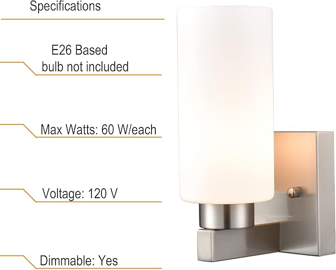Modern Wall Sconces Set of Two Brushed Nickel Bathroom Vanity Light with Milky White Cylinder Glass Shade