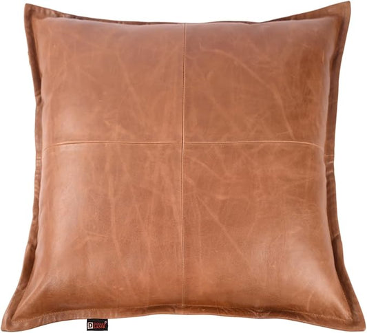 D DOLLY LAMB Lambskin Leather Pillow Cover - Sofa Cushion Case - Decorative Throw Covers for Living Room & Bedroom, 14x14 Inches - Tan Orange Box Pack of 2