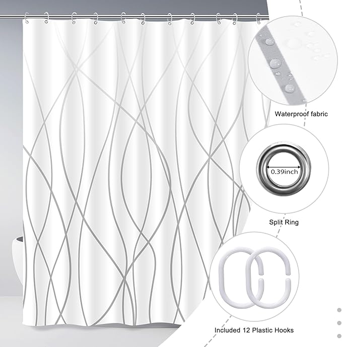 Punkray Ombre Grey Shower Curtain for Bathroom with Hooks Shower Curtain Set Stripe Bath Curtains Decorative White Shower Curtains Water Repellent Washable, 72 x 72