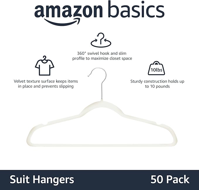 Amazon Basics Slim, Velvet, Non-Slip Sturdy Clothes Hangers, 50-Pack, Ivory/Silver