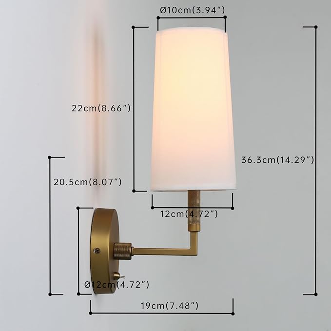 Brass Wall Sconces Set of Two, Hardwired White Fabric Shade Wall Lamps, Bathroom Vanity Lights Fixture with Switch, Indoor Wall Lights for Bedroom Living Room Corridor