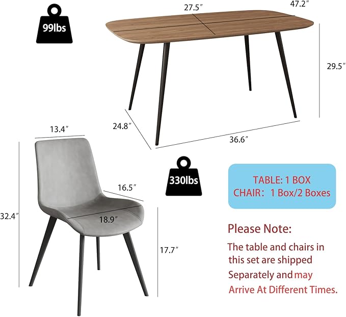 47.2'' Dining Table Set for 4,Modern Wood Dining Table,Leather Dining Chairs 4,Table and Chairs Set of 4,Ideal for Kitchen Dining Room (Walnut Color Table + 4 Gray Chairs, 47.2")