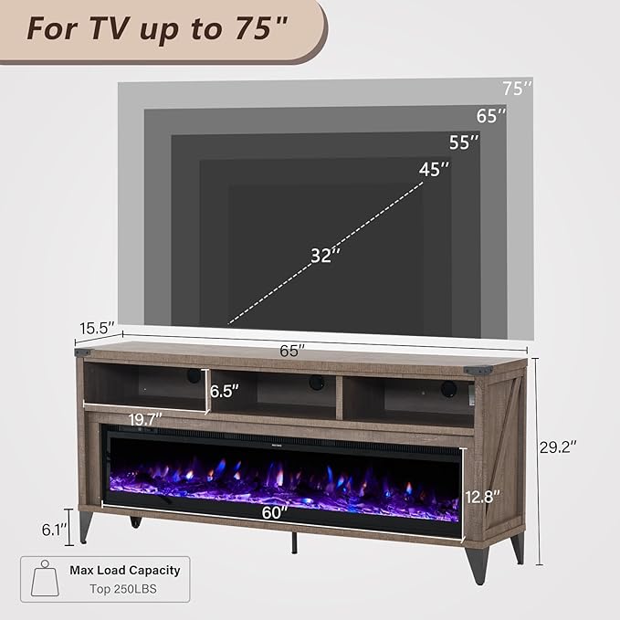 65“ Fireplace TV Stand, Farmhouse Entertainment Center with 60" Tempered Glass Electric Fireplace, Industrial Media Console with Open Storage Space for TVs up to 75", Light Gray