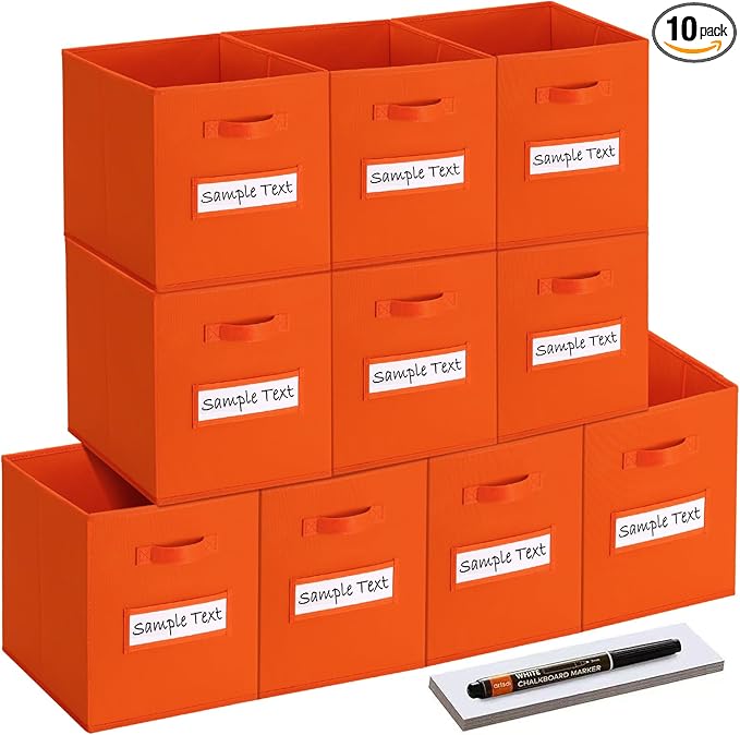 artsdi 13x13 storage cube bins (Set of 10) Foldable Fabric storage cubes with 10 Labels Window Cards & a Pen,13 inch cube storage bins,Closet Organizers for Shelves,Cubby Organizer Boxes,Orange