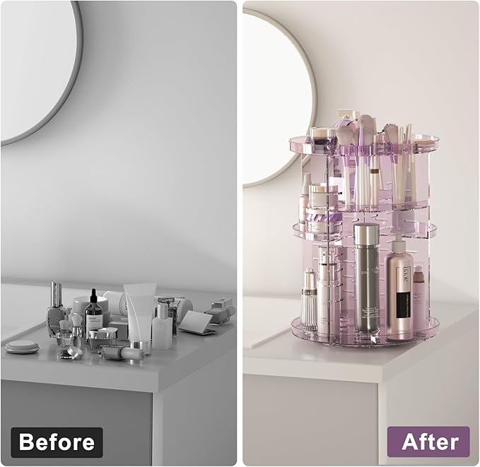 Rotating Makeup Organizer for Vanity, DIY Adjustable Tray Spinning Skincare Organizers Countertop, Cosmetic Display Case with Perfume Tray Brush Holder, Bathroom Desk Corner Storage Carousel Rack