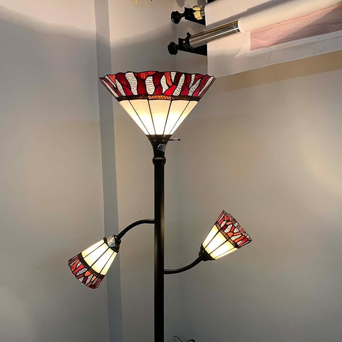 Bieye L10838 Fire Flame Tiffany Style Stained Glass Torchiere Floor Lamp with Sidelights for Reading, 70-inches Tall (Flame, Red)