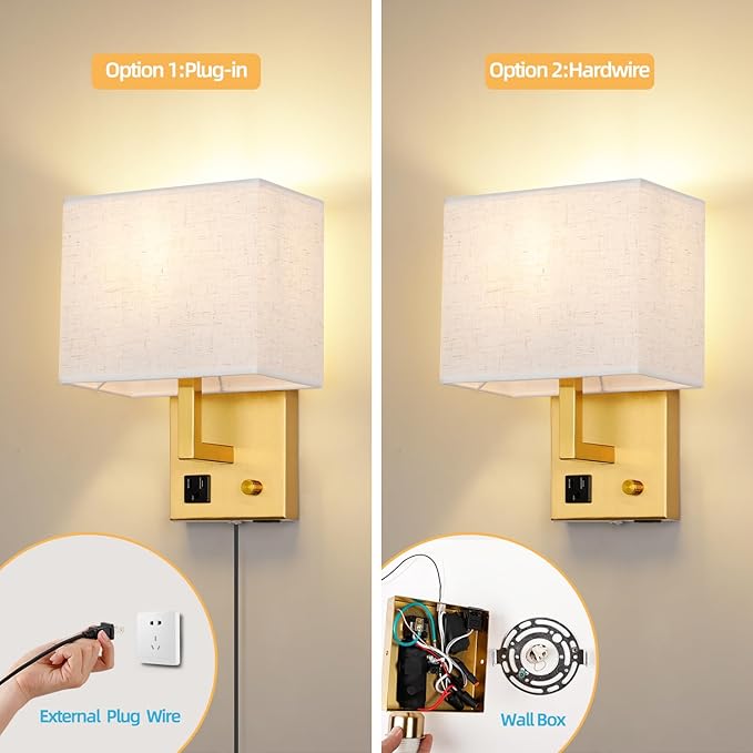 Plug in Wall Sconce, Bedside Wall lamp with Plug and dimmable Switch, with USB Charging Port and Socket, Suitable for Hotel, Corridor, Living Room and Bedroom Wall Light (Golden)