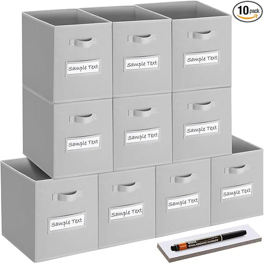 artsdi 11x11 storage cube bins (Set of 10) Foldable Fabric storage cubes with 10 Labels Window Cards & a Pen,11 inch cube storage bin,Closet Organizers for Shelves,Cubby Organizer Boxes,Light Grey