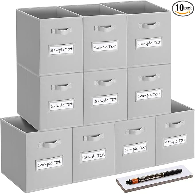 artsdi 13x13 storage cube bins (Set of 10) Foldable Fabric storage cubes with 10 Labels Window Cards & a Pen,13 inch cube storage bins,Closet Organizers for Shelves,Cubby Organizer Boxes,Light Gray