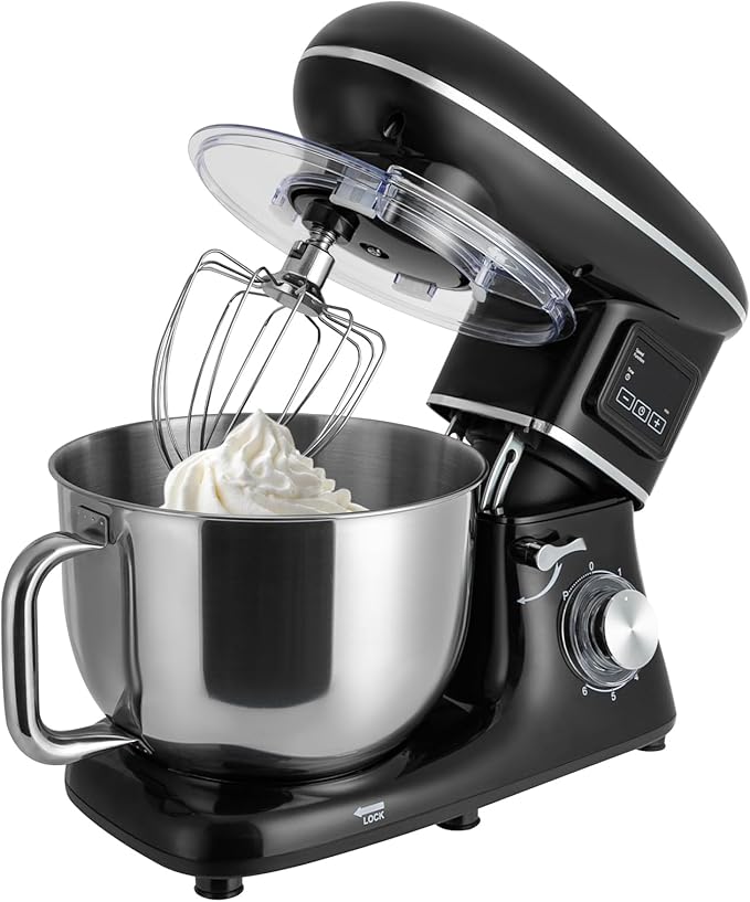 Stand Mixer 1350W Electric Tilt-Head Mixer with 6.5 QT Stainless Steel Bowl, 6 Speed with Pulse Kitchen Mixer, Food Mixer with Dough Hook, Flat Beater, Whisk, Splash Guard (Black)
