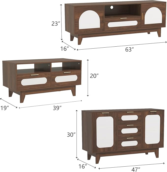 CANMOV Mid Century Modern Living Room Table Sets, Includes TV Console for 60-70 inch TV, 39 inch Coffee Table and 47" Buffet Cabinet with Storage for Bedroom, Living Room (Walnut)