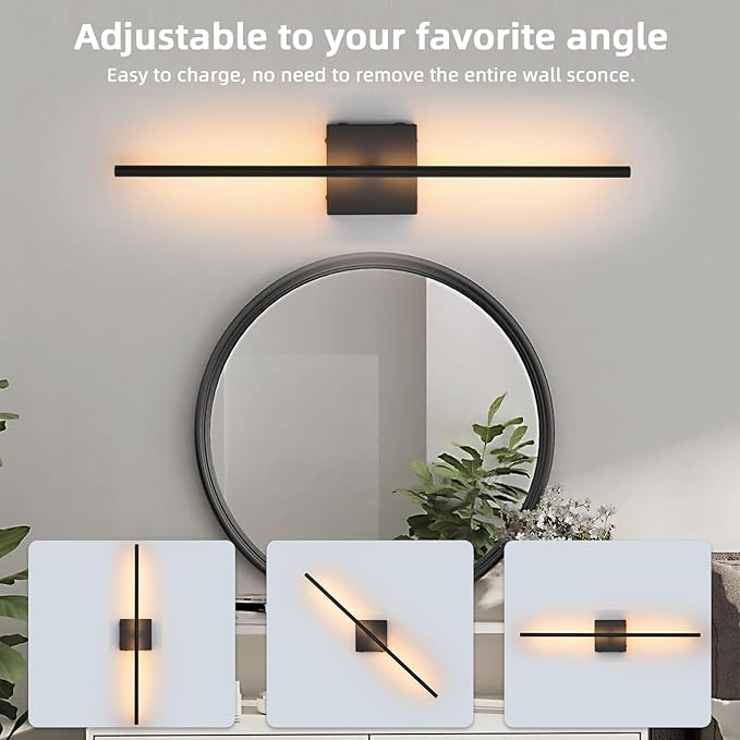 Battery Operated Wall Sconces set of 2, 16000mAh Black Rechargeable Wall Sconce with Remote Control, 3000K-6000K Dimmable LED Wireless Wall Light for Living Room, Hallway, Bedroom, Stairs, 29 Inchs