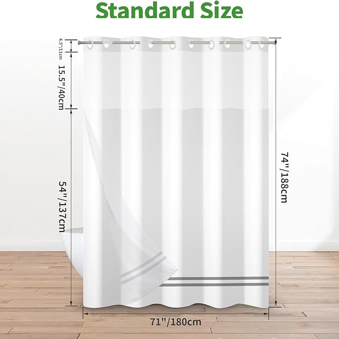 No Hook Shower Curtain with Snap in Liner, White and Gray Striped Heavy Duty See Through Window Waterproof Machine Washable Bathroom Curtain 71" W x 74" L (Pack of 1)