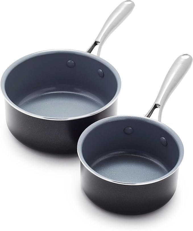 GreenPan Swift Healthy Ceramic Nonstick, 1QT and 2QT Saucepan Set, Stainless Steel Handle, PFAS-Free, Dishwasher Safe, Oven Safe, Black