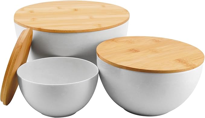 Salad Bowl Set of 3 with Bamboo Wooden Lids, Mixing Bowls Set, Nesting Bowls for Space Saving Storage, Made with Durable Eco-Friendly Bamboo Fiber, Great for Prepping and Serving Food, Grey