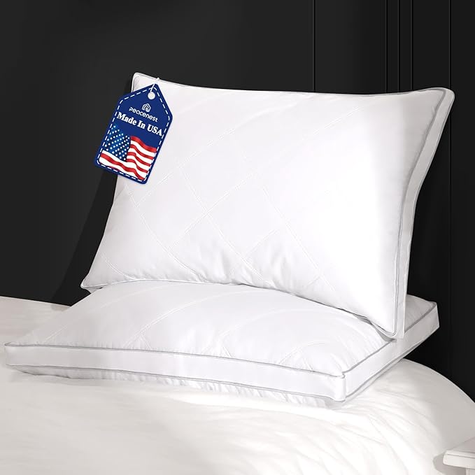 Peace nest Gusseted Bed Pillows Queen 20x30 Inches Set of 2 Made in USA Goose Feathers and Down with Cotton Cover Hotel Collection Luxury Soft Sleeping White Pillow