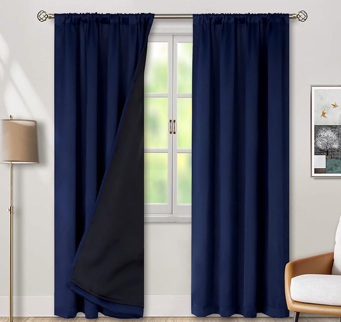 BGment Navy Blue 100% Blackout Curtains 84 Inches Long with Reducing Noise Liner, Rod Pocket and Back Tab Double Layer Full Room Darkening Window Curtain for Bedroom, 2 Panels, Each 42 x 84 Inch