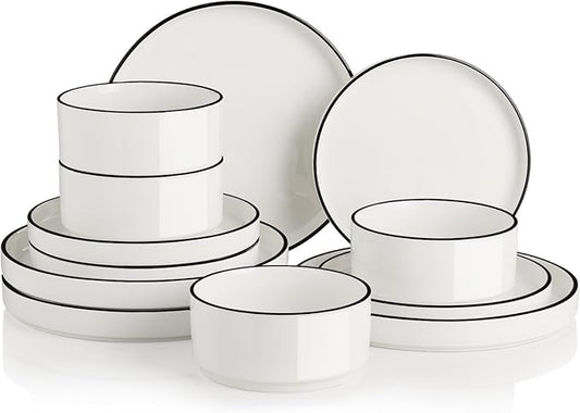 Sweejar Porcelain Dinnerware Sets for 4, 12 Pieces Ceramic Plates and Bowls Set, Classic Modern Simple Kitchen Dinner Dining Ware Set, Dishwasher and Microwave Safe Dishes Sets(Pure White-Black Rim)