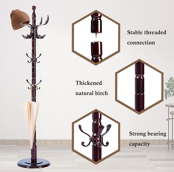 Coat Rack Stand, Solid Wooden Coat Tree with 14 Hooks, Heavy Duty Coat Rack Freestanding with Sturdy Round Base, Natural Birch Wood Coat Hanger Stand for Entryway Bedroom (Swing)