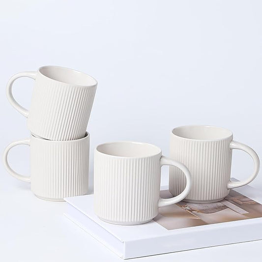Coffee Mugs Set of 4, 12 OZ Ceramic Coffee Mugs with Handle, Vertical Stripes Coffee Cups Set for Latte/Tea/Cocoa/Milk, Microwave and Diahwasher Safe (White)
