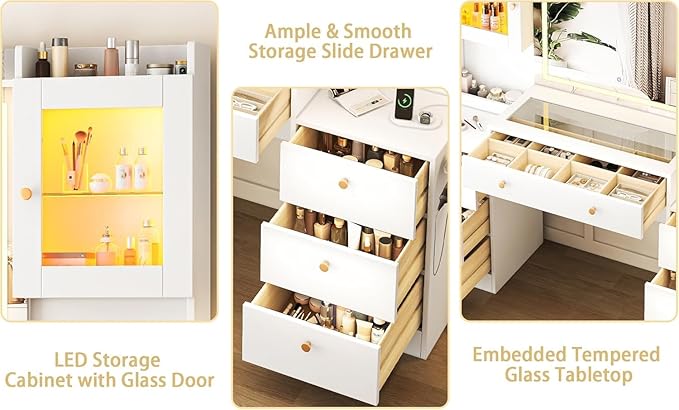 63" Makeup Vanity Desk with Mirror and Lights, Glass Top Makeup Vanity with Power Outlet, 3 Lighting Colors, 7 Drawers, 2 Cabinets for Bedroom, White