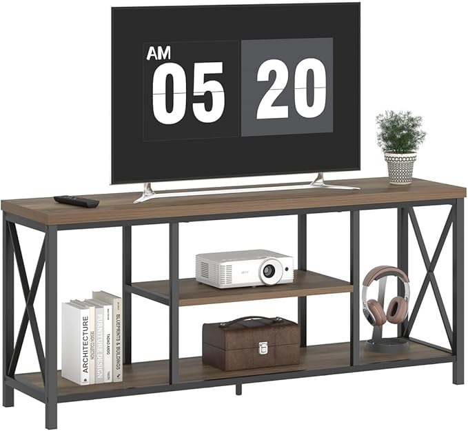 FOLUBAN TV Stand for TV up to 65 inch, Rustic Wood and Metal Entertainment Center with Storage Shelves, Modern Industrial Media TV Console Table for Living Room, Oak 55 inch
